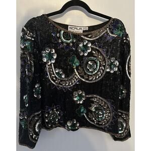 Scala Beades/Sequin Pure Silk Blouse Black Green Gold Vintage Size Larg